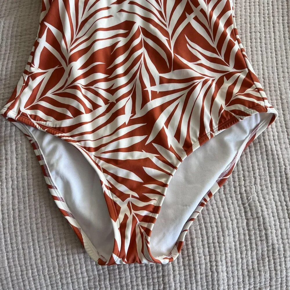Shade & Shore Swimsuit Womens Medium Rust White Palm Leaf One Piece Strappy Back